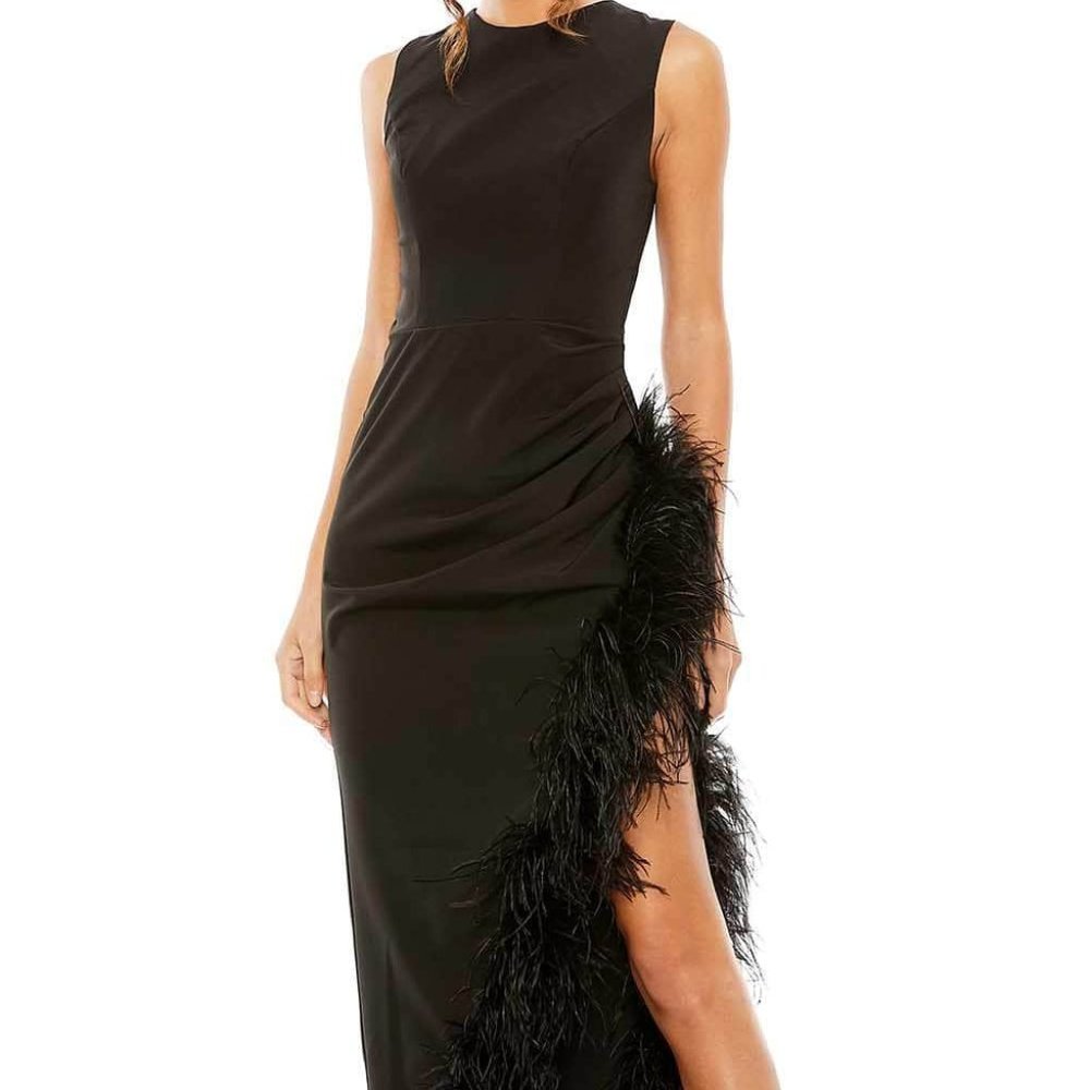 Mac Duggal Black Feather Trim Asymmetric Dress